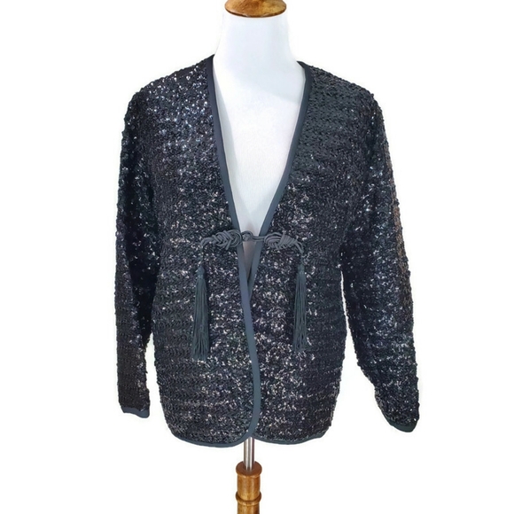 Vintage Henry Higgins Solid Black Sequin Fully Lined Evening Jacket New Year's - Picture 1 of 11